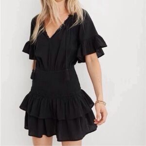 Aerie Black Crepe Flutter Sleeve Smocked Waist Mini Dress